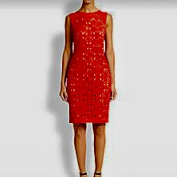 Tadashi Shoji Red Laser Cut Suede Sheath Knee Length Dress Size medium - Picture 16 of 16